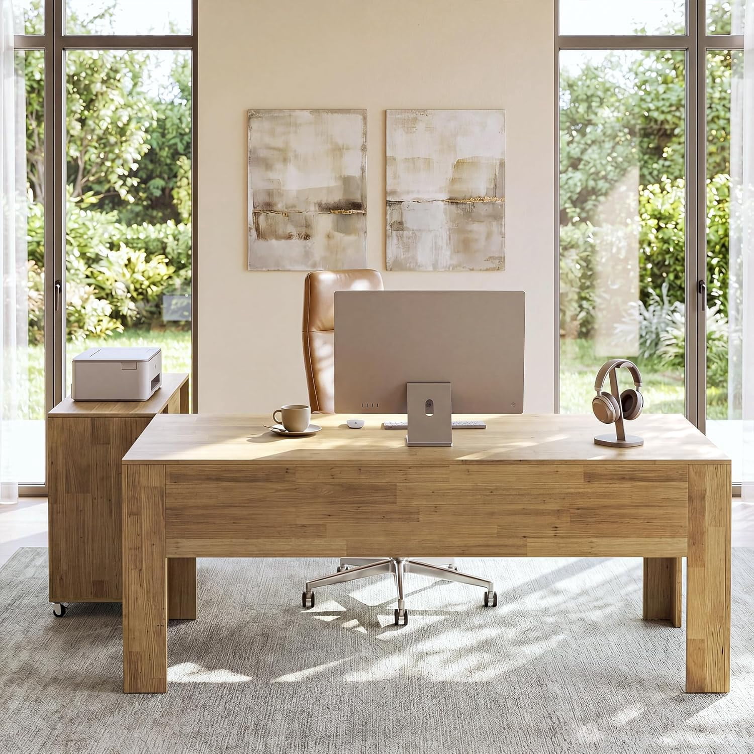 Tribesigns 63" L Shaped Desk with Storage, Executive Office Desk with Rolling File Cabinet Combo, Business Furniture Set for Home Office, Brown
