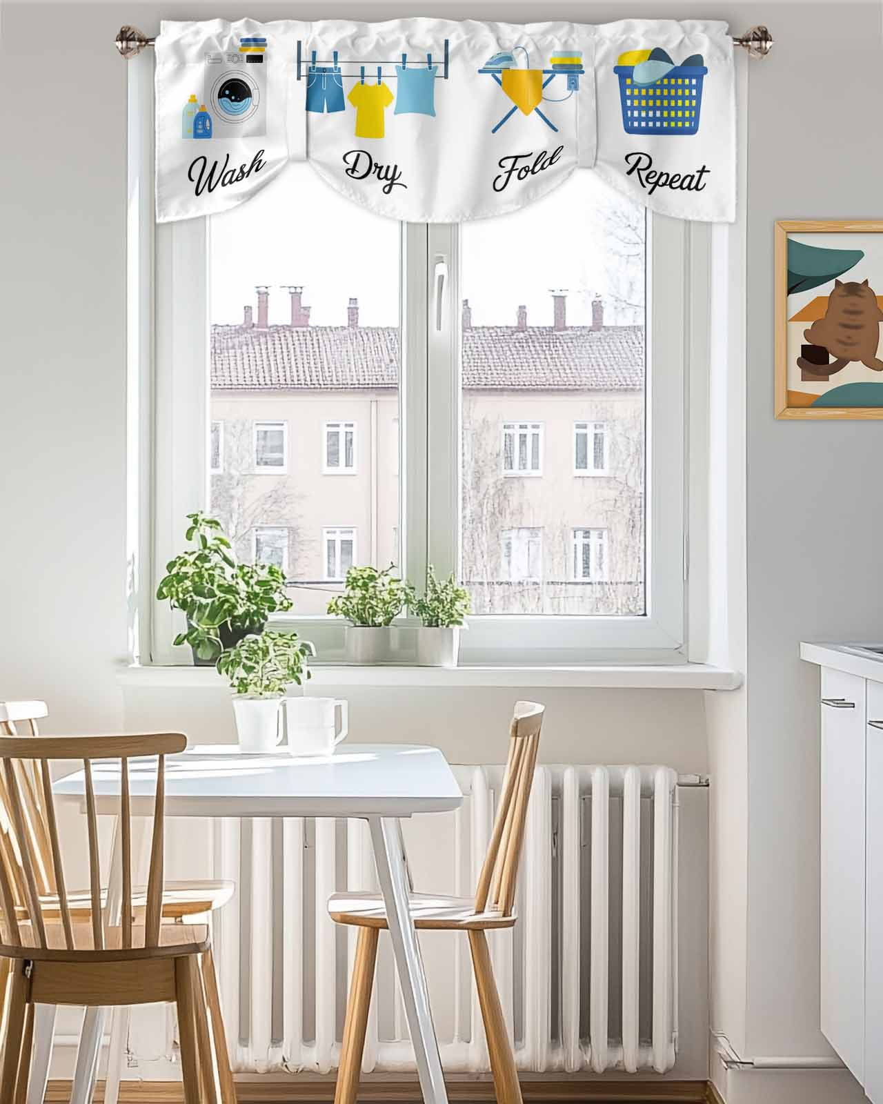 Laundry Room Tie Up Valances Curtain, Adjustable Kitchen Wash Dry Fold Repeat Valances for Windows Decor, Rod Pocket Short Curtains Set for Bedroom/Bathroom, 60"x18"