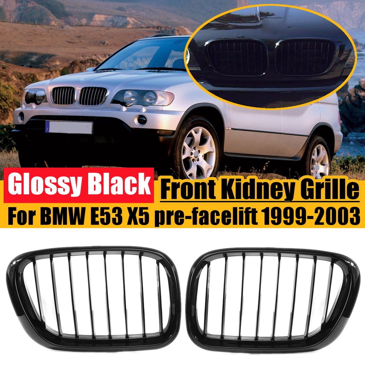2x Matte Black Front Hood Kidney Grille Grill Cover for 2000-2003 BMW E53 X5 