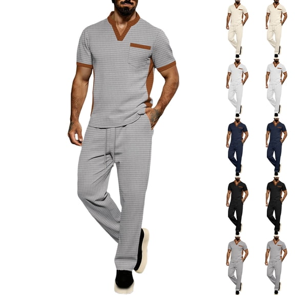 HBGVBA Mens Short Sleeve 2 Piece Outfit Solid Color Knit V-Neck T-Shirt with Pocket Straight Long Pants Set