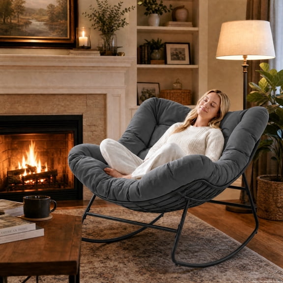 Dovov Indoor Rocking Chair with Thick Cushion, Oversized Papasan Rocker Chair Comfy Rocking Egg Chair Modern Lounge Seat Recliner Chair, Gray