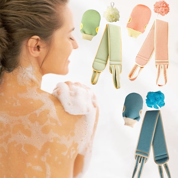 FEOLGEHLY 3Pcs Exfoliating Bath Set, Shower Back Scrubber, Body Scrubber, Bath Sponge, Shower Exfoliating Glove, Multi Piece Shower Essentials for Home Spa and Travel, Sky Blue