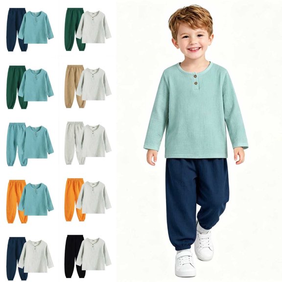 ITSAME Boys Cotton Outfit Set Henley Long Sleeve Shirt & Tapered Pants 2-Piece Kids Casual Active Set Dark Blue Size 5T