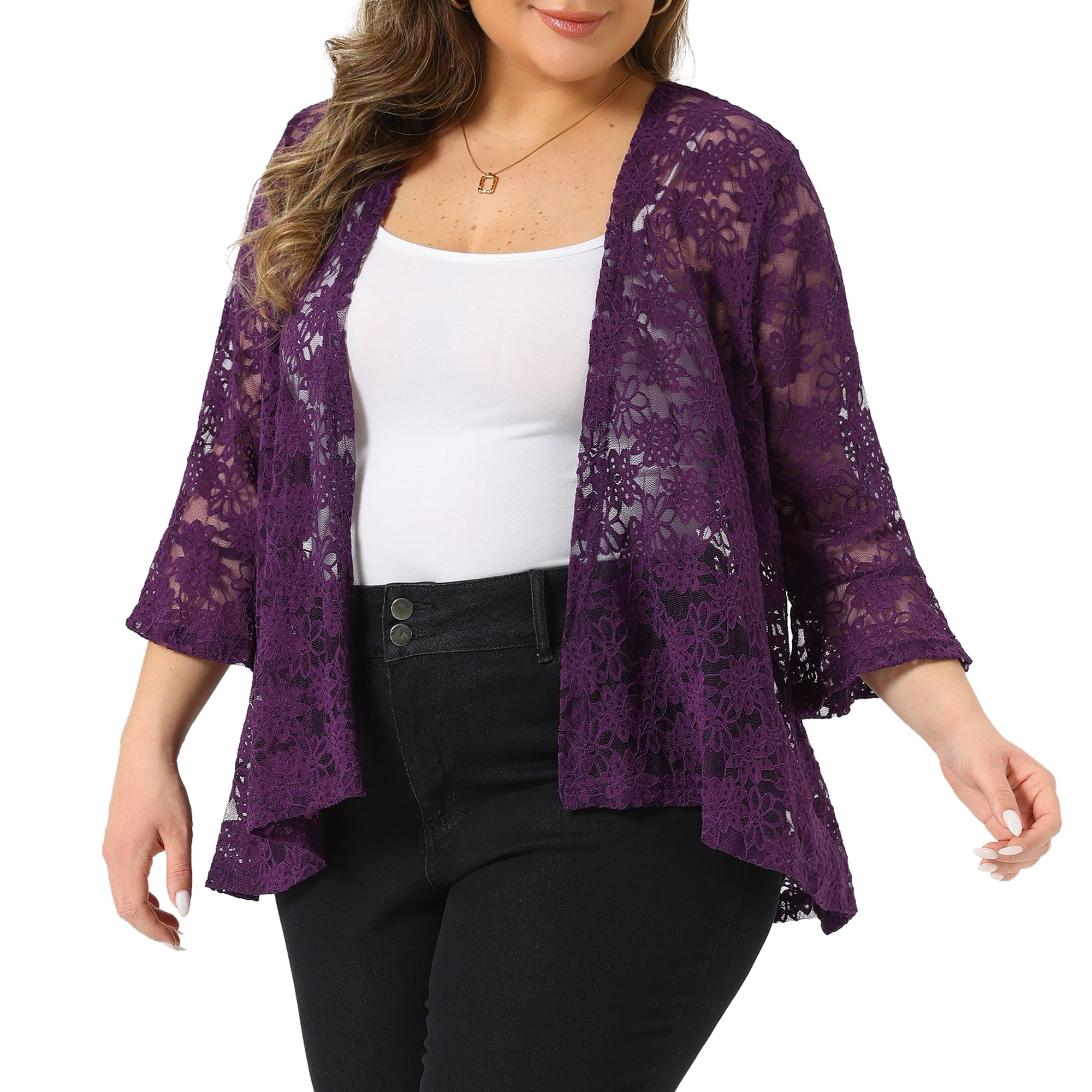 DARING DIVA Women's Plus Size Open Front 3/4 Sleeve Sheer Lace Cardigan 2X Dark Purple