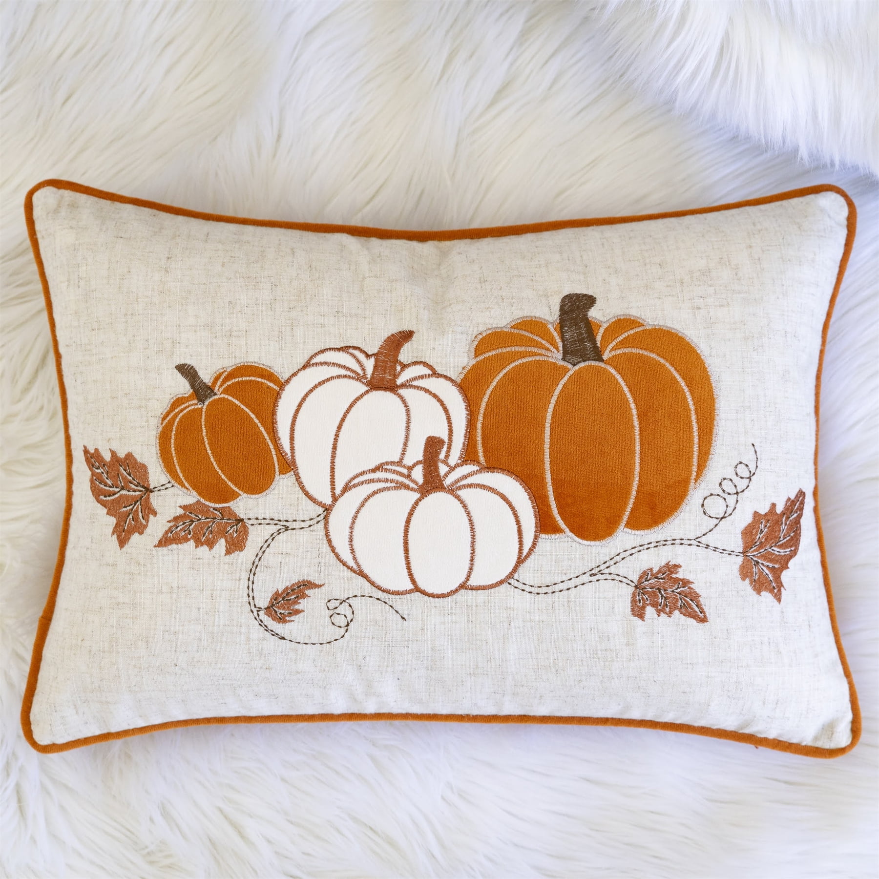 Holiday Harvest Spice Embroidered Pumpkin Graphic Polyester 14 in. x 20 in. Decorative Throw Pillow