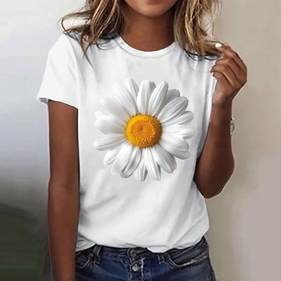 Inverlee Trendy Petite Short Sleeve Tee for Women Summer 3D Graphic Floral Print Round Neck Tshirts Trendy Basic Pull-on Tops