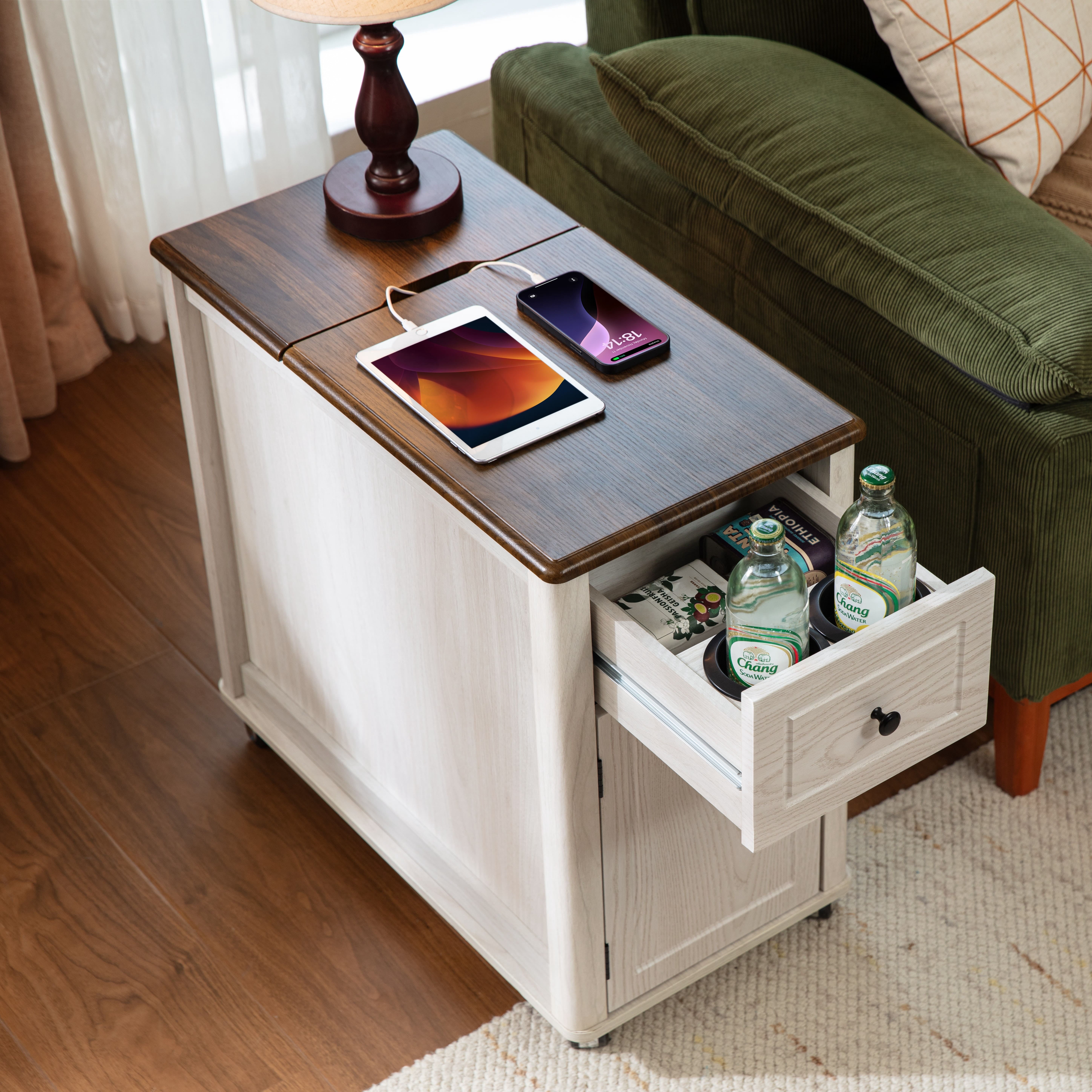 CHIC HOUSE End Tables for Living Room with Charging Station, Farmhouse Nightstand for Bedroom with Drawer Storage, Narrow Side Tables Accent Tables, Small Tables for Small Spaces, Brown & Oak