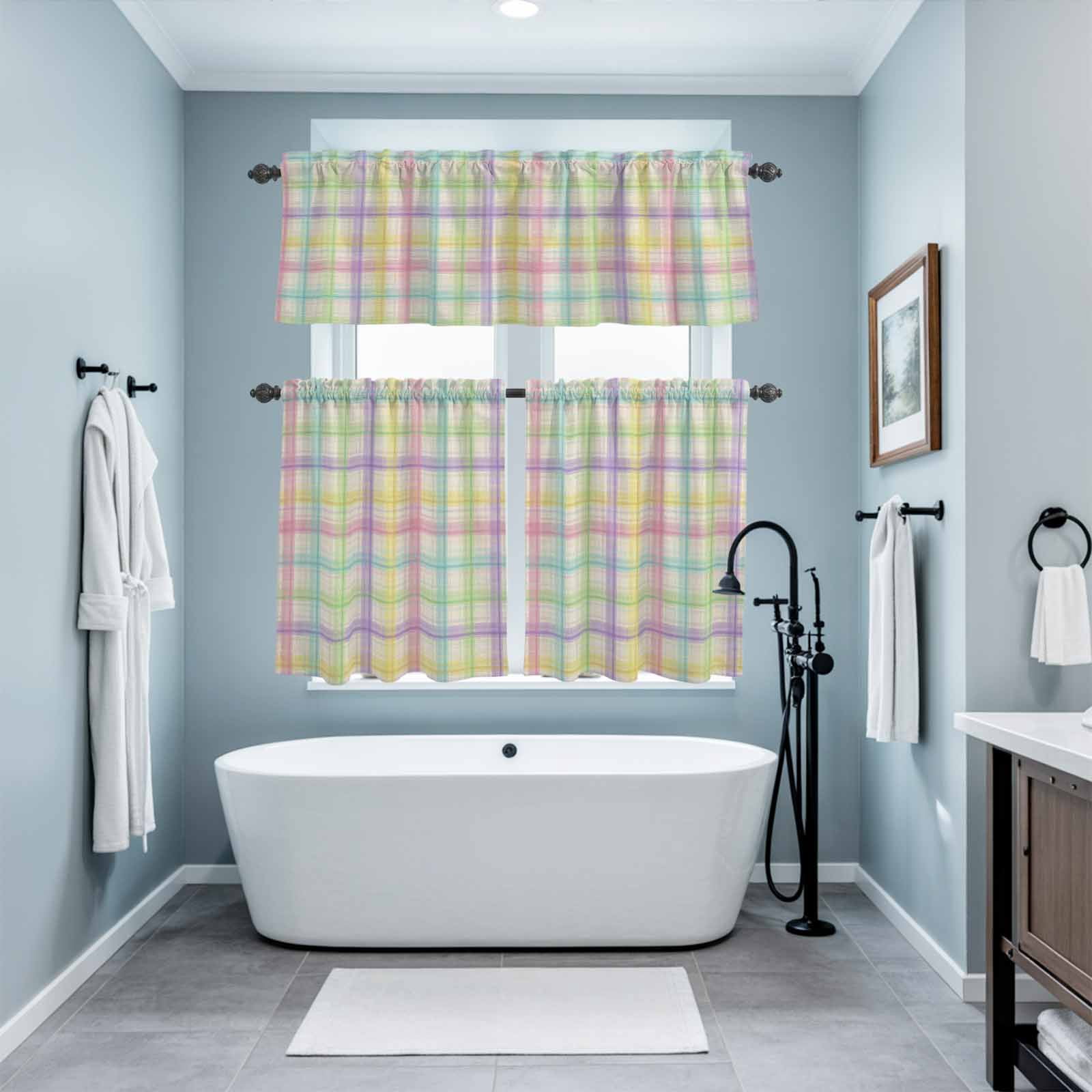 3 Piece Rainbow Plaid Kitchen Curtain Valance and Tiers Set Yellow Pink Blue Green Purple Plaid Linen Texture Rod Pocket Tier Curtain 36 Inch Small Window Drapes for Living Room Bedroom Cafe Decor