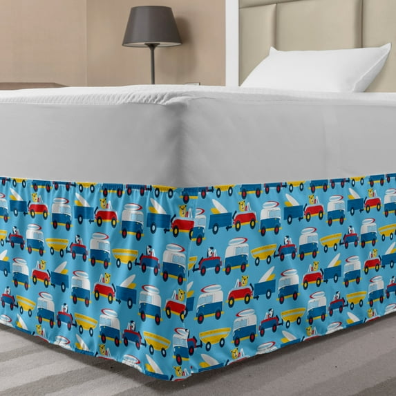 Cartoon Bed Skirt, Puppy in Cars Traffic Jam Surfboard Beach Road, Elastic Bedskirt Dust Ruffle Wrap Around for Bedding Decor, 4 Sizes, Sea Blue Earth Yellow, by Ambesonne