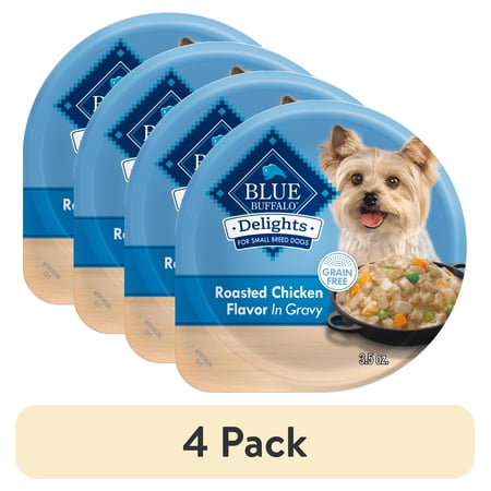 (4 pack) Blue Buffalo Delights Small Breed Roasted Chicken Flavor in Hearty Gravy Wet Dog Food for Adult Dogs Grain-Free 3.5 oz. Cup