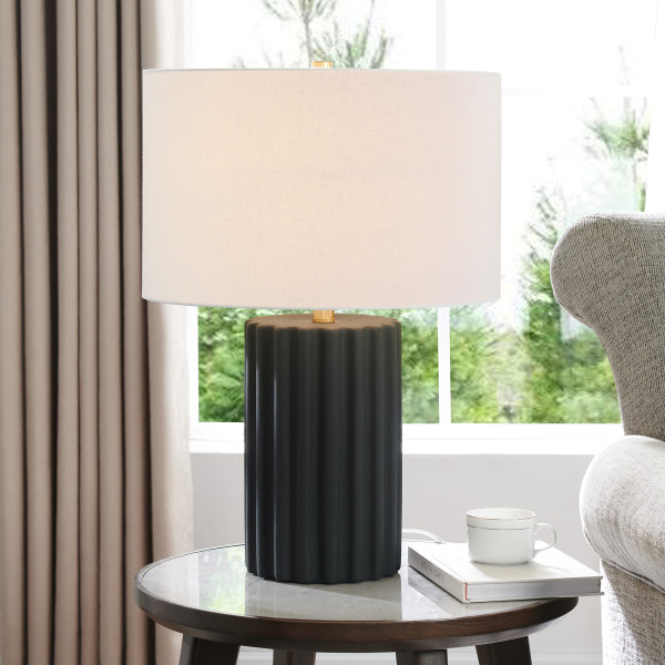 Seren 23" Tall Table Lamp with Fabric Shade in Matte Black/Brass/White