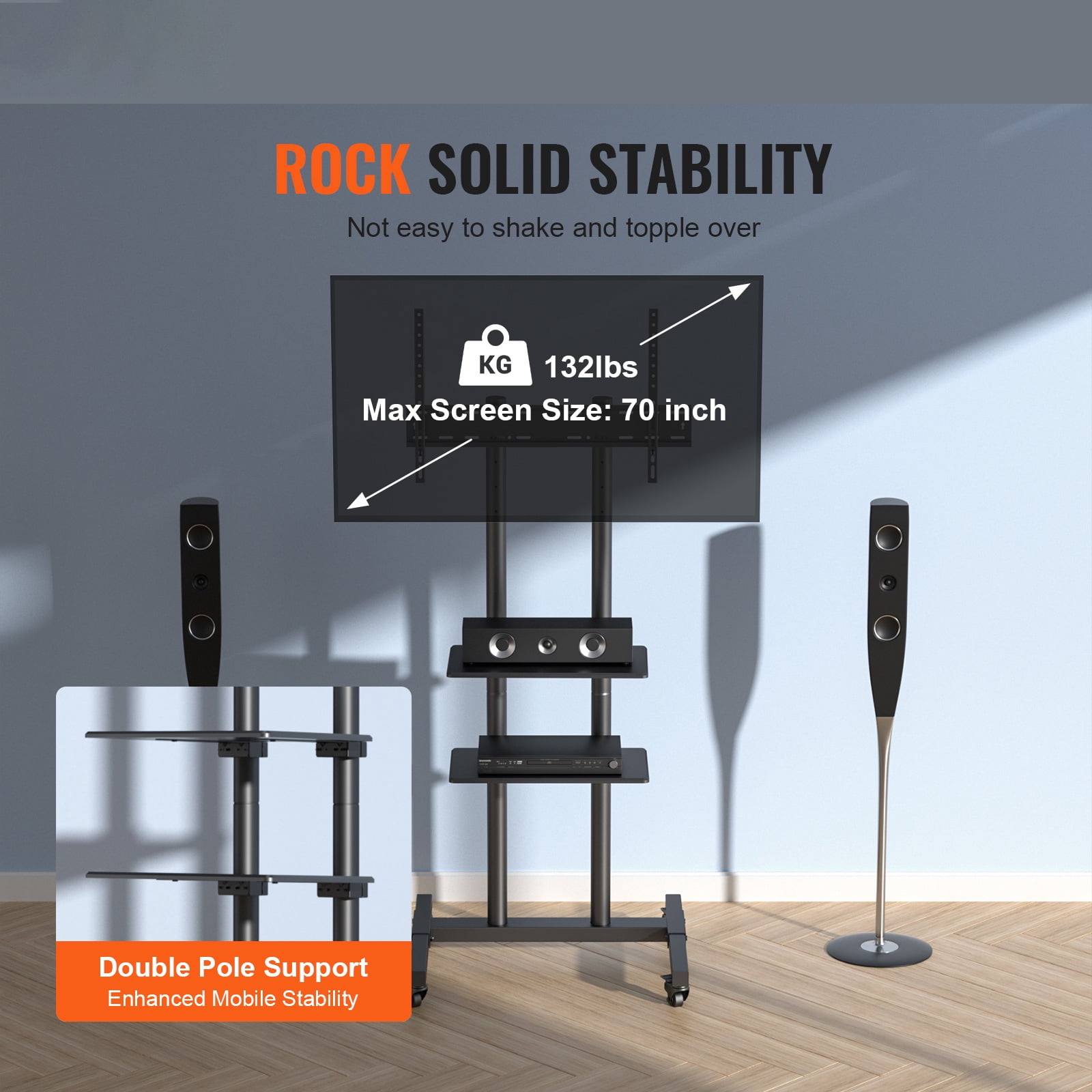KFFKFF Mobile TV Stand Mobile TV Cart for 32"-70" TVs with Wheels & A Tray