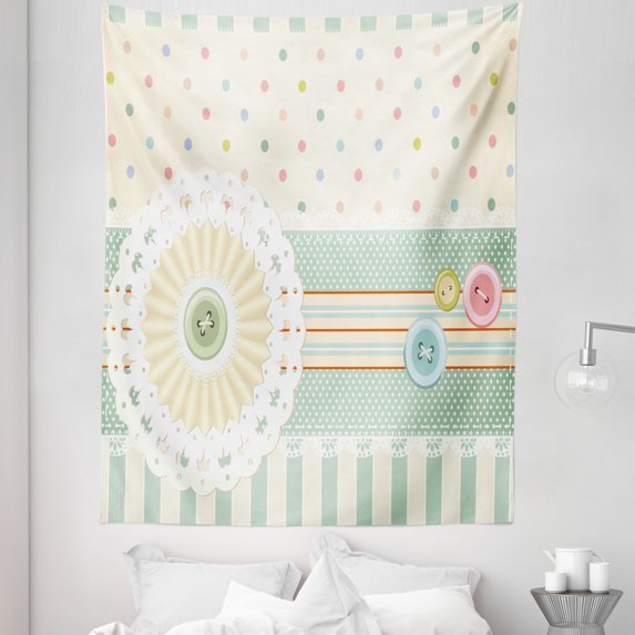 Shabby Flora Tapestry, Sewing Theme Border with Button Floral Patch Traditional Lace Like Dots Print, Fabric Wall Hanging Decor for Bedroom Living Room Dorm, 5 Sizes, Multicolor, by Ambesonne