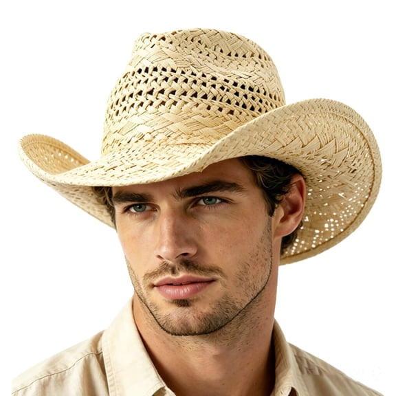 OOOUM Woven Cowboy Hat For Men Women Open Weave Straw Sun Hat Festival Outdoor Vacation Cowgirl Hat Beige