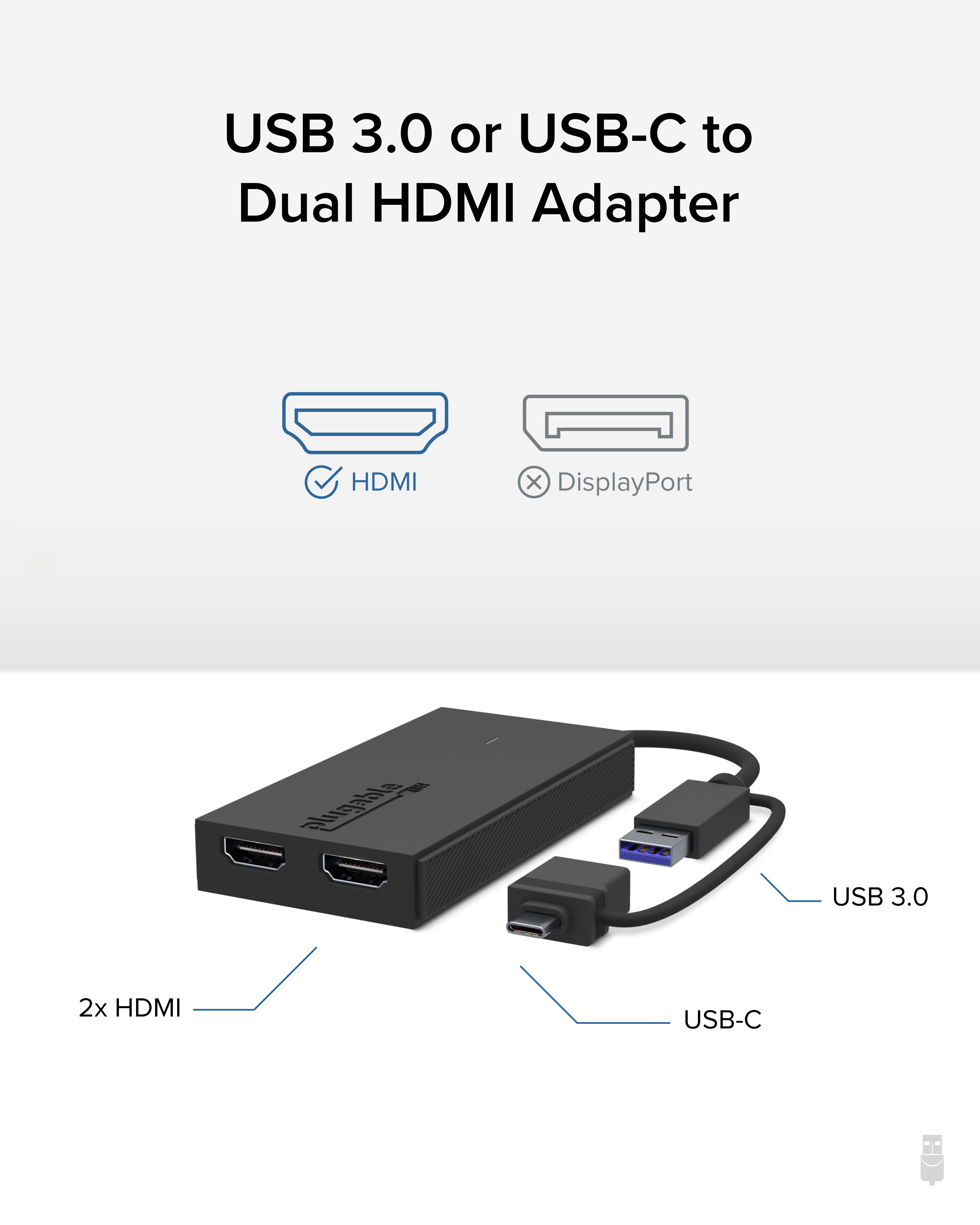 Plugable USB 3.0 or USB C to HDMI Adapter for Dual Monitors, Universal Video Graphics Adapter for Mac and Windows, Thunderbolt, USB 3.0 or USB-C - image 4 of 7