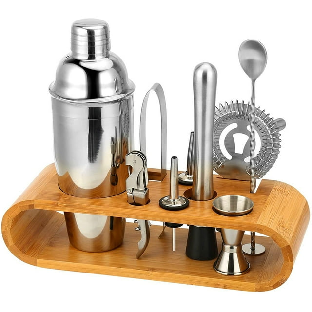 Juego de herramientas de barra de 10 piezas con soporte de bambú, kit de coctelería para el hogar y juego de coctelera Martini para una increíble experiencia de mezcla de bebidas