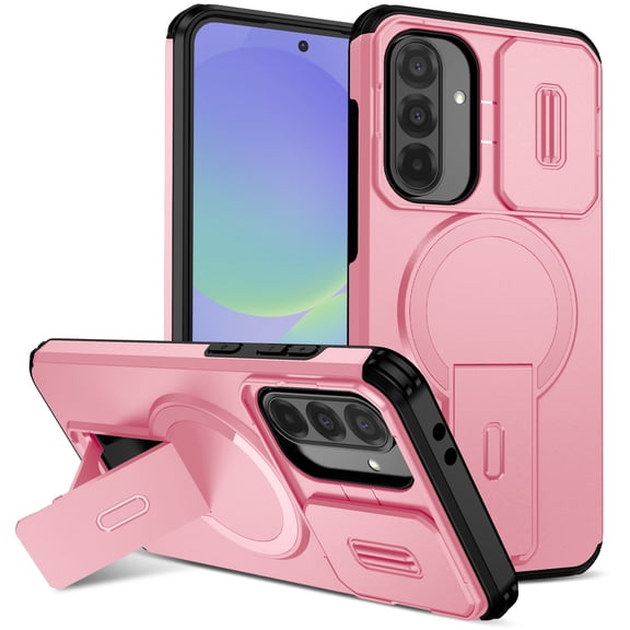 Magnetic For Samsung Galaxy A16 5G Phone Case,With Contractile Kickstand,Camera Cover,Compatible with Mag-Safe,Heavy Duty Shockproof Protection Anti-fall Anti-Scratch Rugged Phone Case,Pink