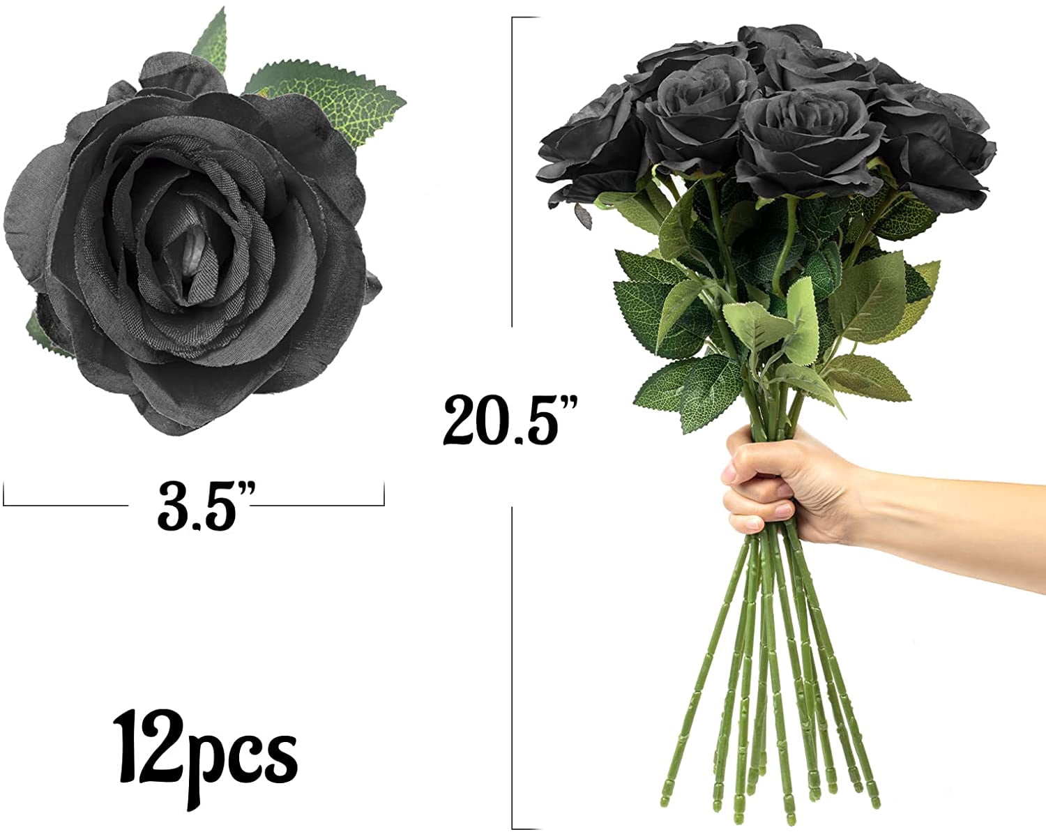 ZOELNIC 24Pcs Rose Artificial Flowers, Black Fake Roses Realistic Silk Roses with Single Stems, Faux Roses Bouquet for Wedding Centerpieces Bridal Shower Party Home Table Decorations
