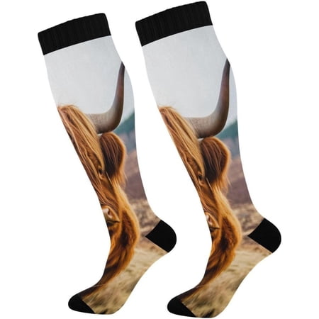 FREEAMG Highland Cattle Compression Socks Women Men Knee High Stockings for Sports,Running,Travel 1Pair