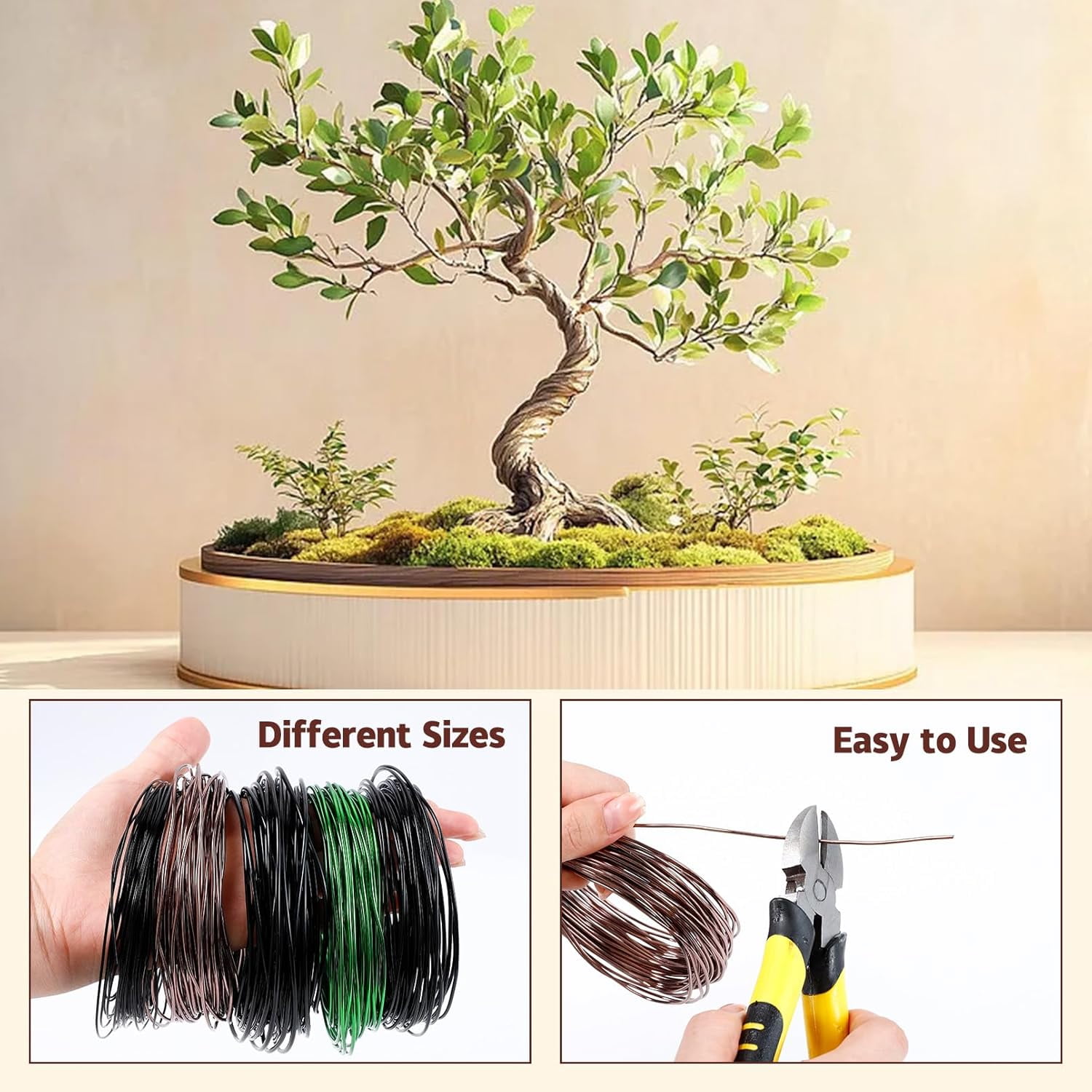 RGHJAR-5 Roll Bonsai Wires, Anodized Aluminum Bonsai Training Wire with Wire Cutter, 3 Colors and 3 Sizes (1mm, 1.5mm, 2mm), Total 160 Feet, Aluminum Wires for Indoor Garden Small Trunks DIY Tools