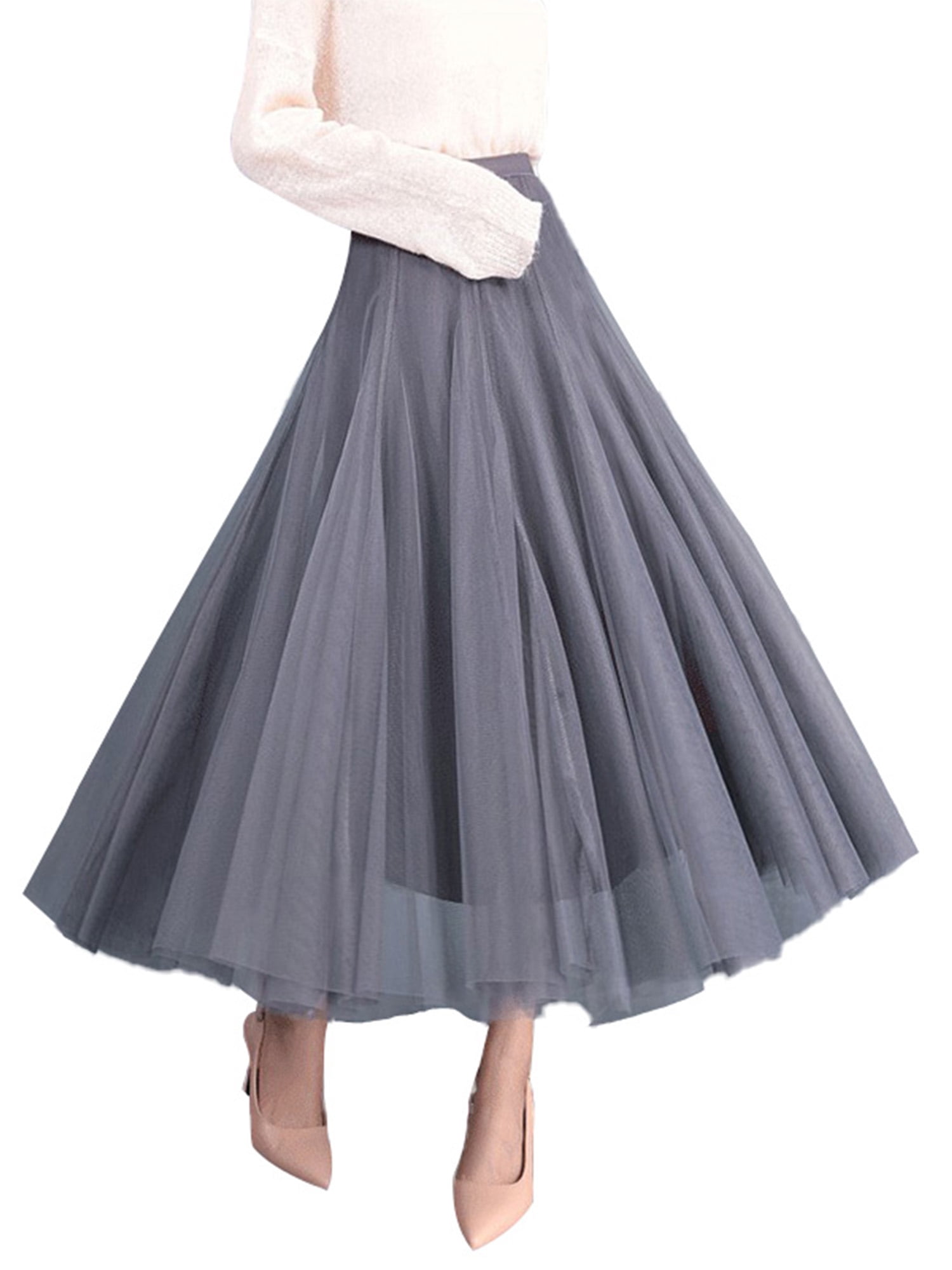 LISTHA Pleated Tulle Midi Skirt Women Elegant Mid-Waist Stretch Long Mesh Skirt