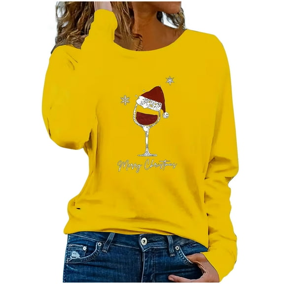 hotojiny Womens Crewneck Shirt Plus Size Merry Christmas Long Sleeve Tops Casual Loose Fit Crew Neck Fall Tshirts Clothes