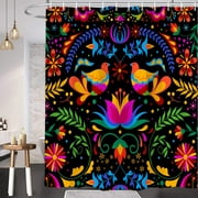 Mexican Shower Curtain, Traditional Latin American Art Design Natural Inspirations Flowers and Birds, Mexican Bluebird Otomi Style Bright Pattern Cloth Fabric Bathroom Decor