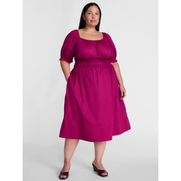 Terra & Sky Women's Plus Smocked Cotton Midi Dress with Short Puff Sleeves, Sizes- 0X-5X
