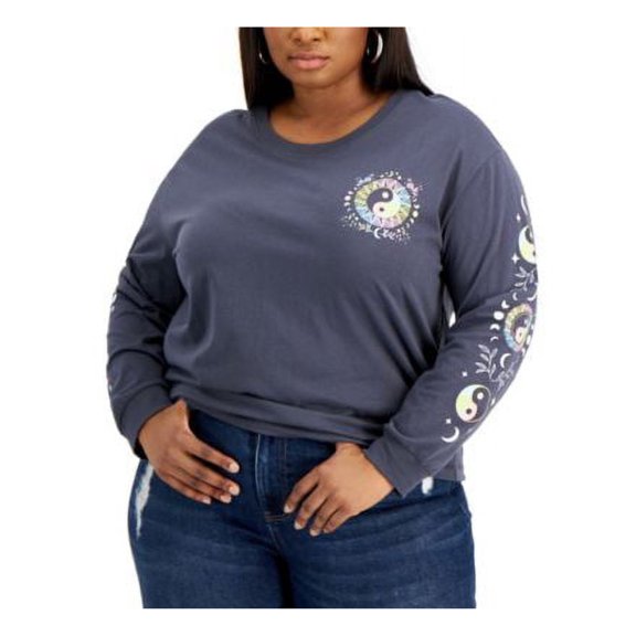 REBELLIOUS ONE Womens Gray Graphic Long Sleeve Round Neck Top Plus 2X