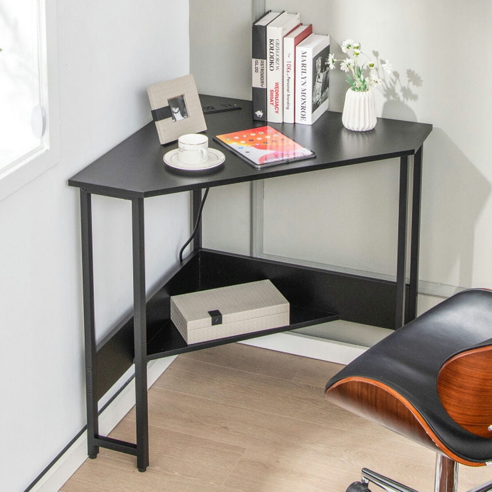 Demi Bonn Triangle Computer Corner Desk with Charging Station, Small Home Office Desk Study Writing Table, Black