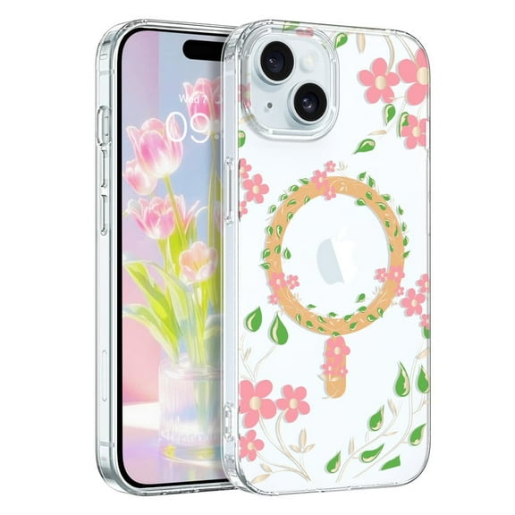 TELASO Magnetic for iPhone 15 Case Floral,Cute Luxury Clear Flower Cover for Wome n Girls Soft Elegant Plated,Compatible with Mag-Safe,Protective Phone Case for iPhone 15,Pink Petal