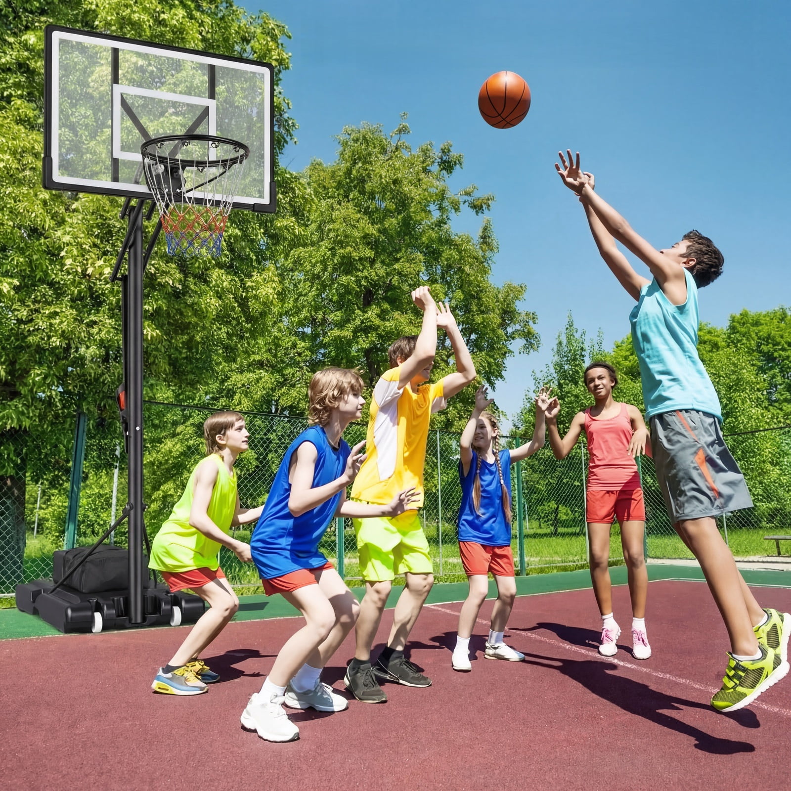 FirstAsk 44" Portable Basketball Hoop with Shatter-Proof Polycarbonate Backboard, 5.25-10ft Height Adjustable Basketball Goal, Indoor/Outdoor Use