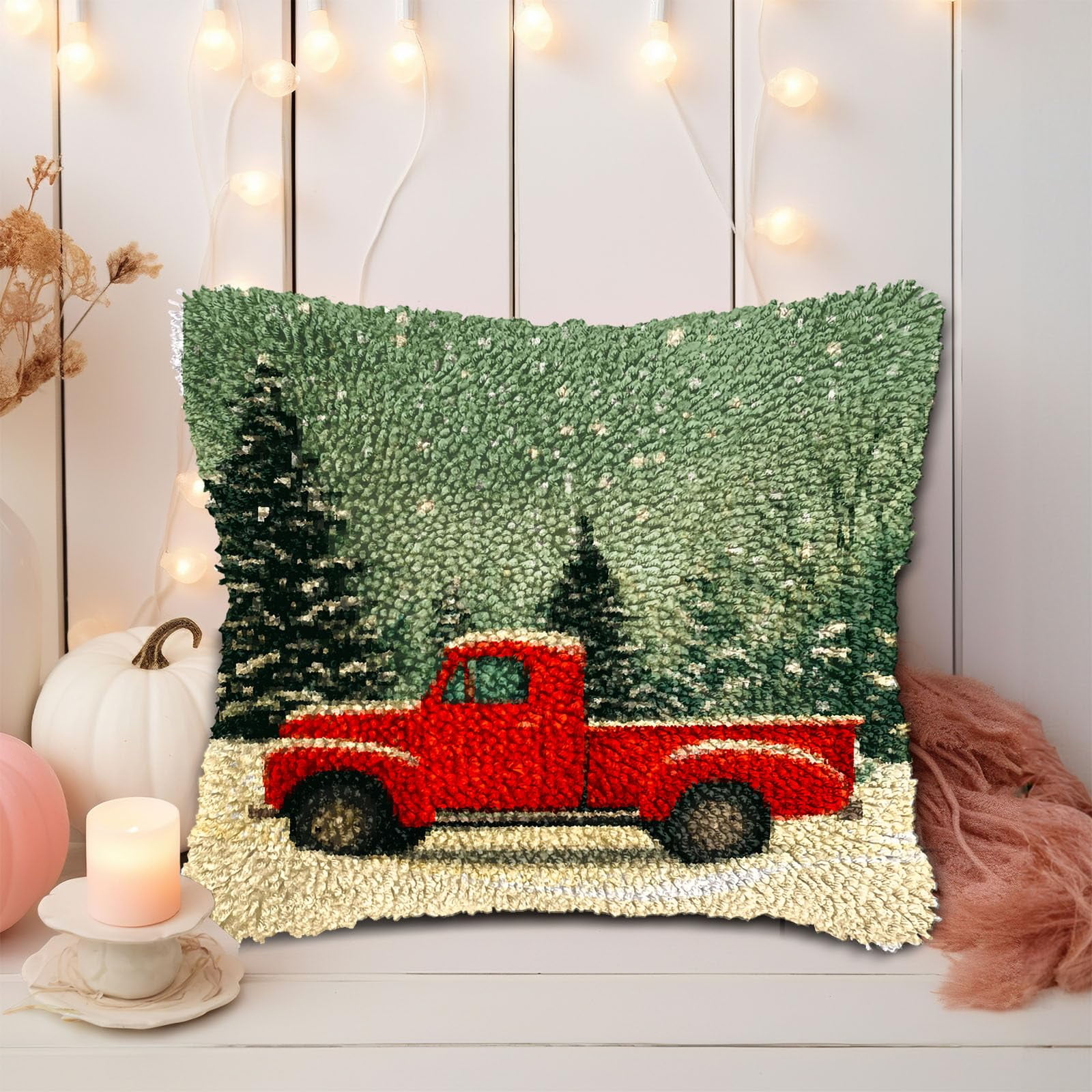 Latch Hook Pillow Kits for Adults Merry Christmas Red Truck DIY Pillow Cover Printed Pillowcase Crochet Yarns Hooking Handmade Cushion for Home Sofa Decor 17x17inch(3)