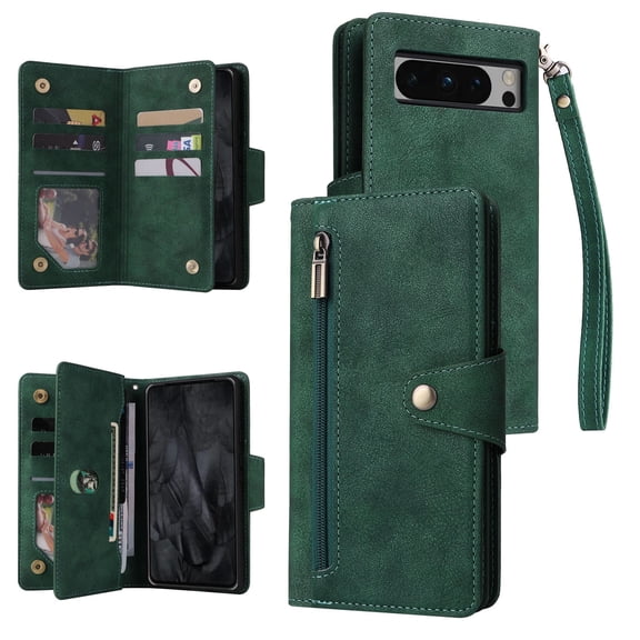 For Google Pixel 10 Pro XL Wallet Case with Zipper Pocket, Luxury PU Leather Flip Cover with Card Slots & Wrist Strap, Shockproof Kickstand Magnetic Buckle Protective Case for Women Men, Green