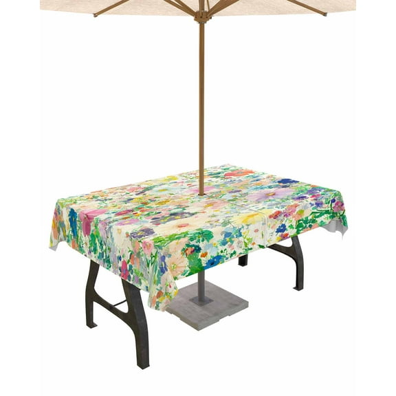 Hokiten Outdoor Tablecloths with Umbrella Hole & Zipper, Emerging Blossoms Pattern 54x80 Inch Tablecloth Rectangle, Colorful Watercolor Floral Waterproof Table Cloth, Patio/Pool/Picnic Table Covers