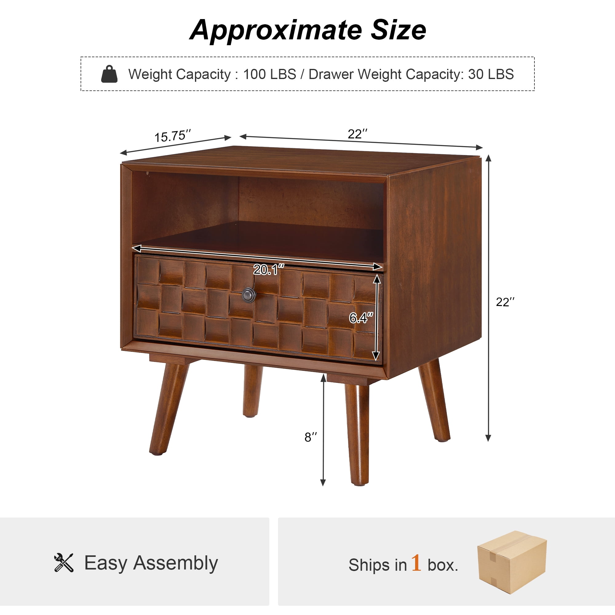 22" Wood Nightstand with Carved Geometric Drawer Front, 1 Drawer and Open Shelf, Solid Wood Legs, Bedside Table for Bedroom