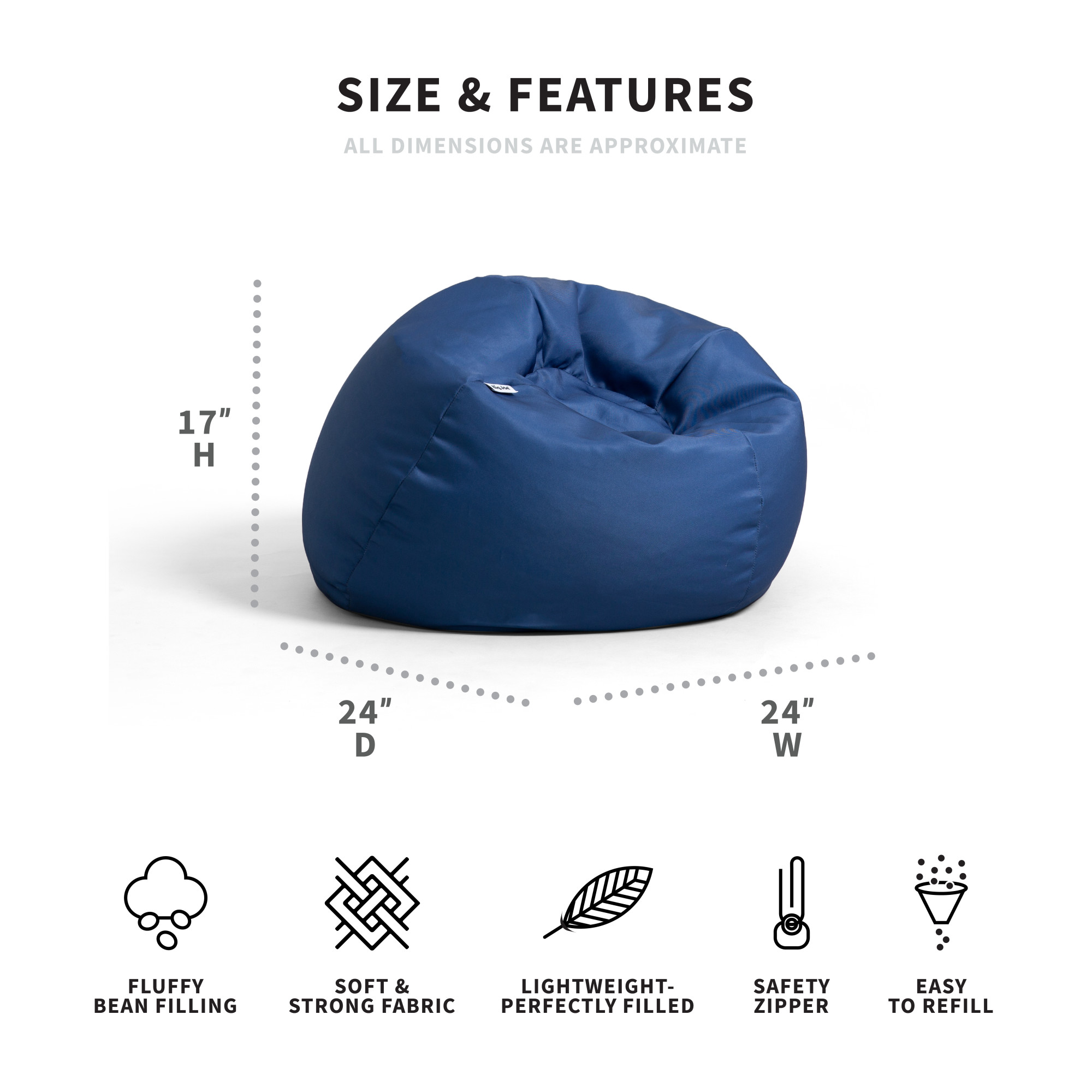 Big Joe Dot 2 Pack Bean Bag Chairs, True Navy Gabardine, Smooth Polyester Blend, 2 feet