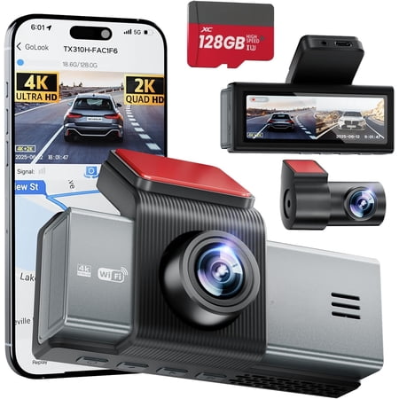 Piyjrrf 4K Dash Cam Front and Rear with ADAS Assist, Free 128GB Card Included, Built-in GPS & 5G WiFi, G-Sensor, Dash Camera with No-Light Night Vision,170°/150° Wide View, 24H Parking Mode