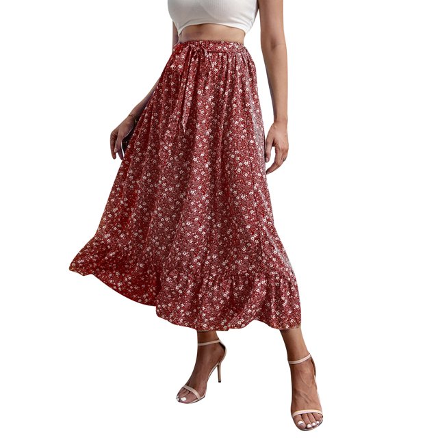 Txlixc, vestido Floral de verano para mujer, cintura alta, bohemio, fluido, falda oscilante, informal, línea A, cintura elástica, lazo, volante, longitud media, vestido de playa Txlixc Casual