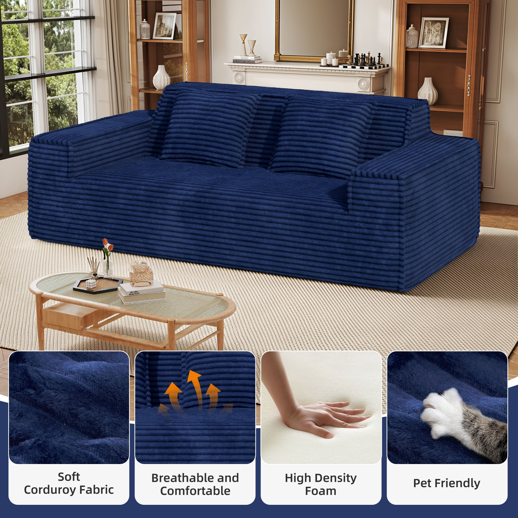 Hawsaiy 75" Corduroy Loveseat Sofa with Wide Armrests & Removable Pillows, No Assembly Foam Couch, Vacuum Packed, High-Density Support,Blue