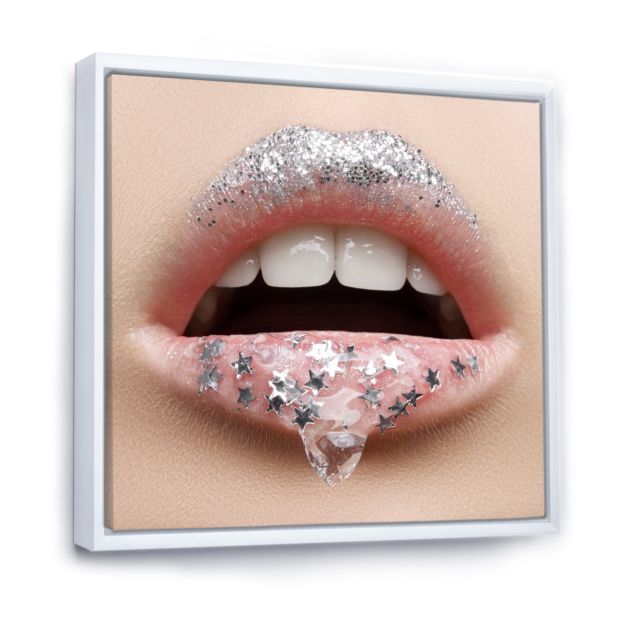 Designart 'Woman Lips With A Gel On The Lips & Stars' Modern Framed Canvas Wall Art Print
