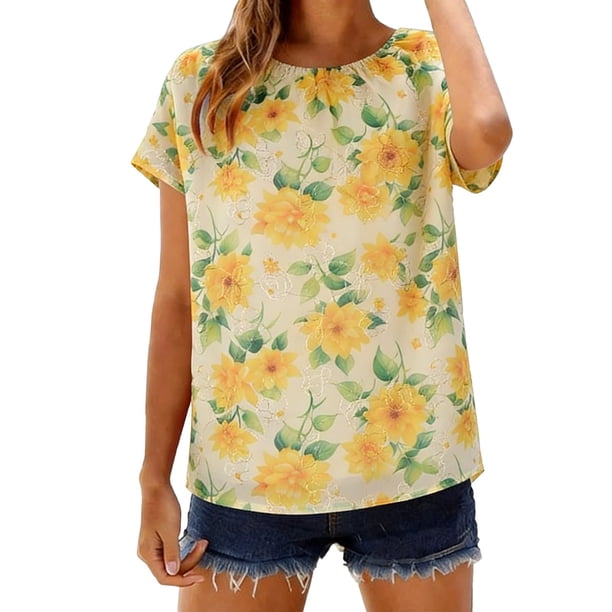 Mujeres Tops Casual Elegante Impresión de Gasa Reunido Escote Blusa Suave Verano Transpirable