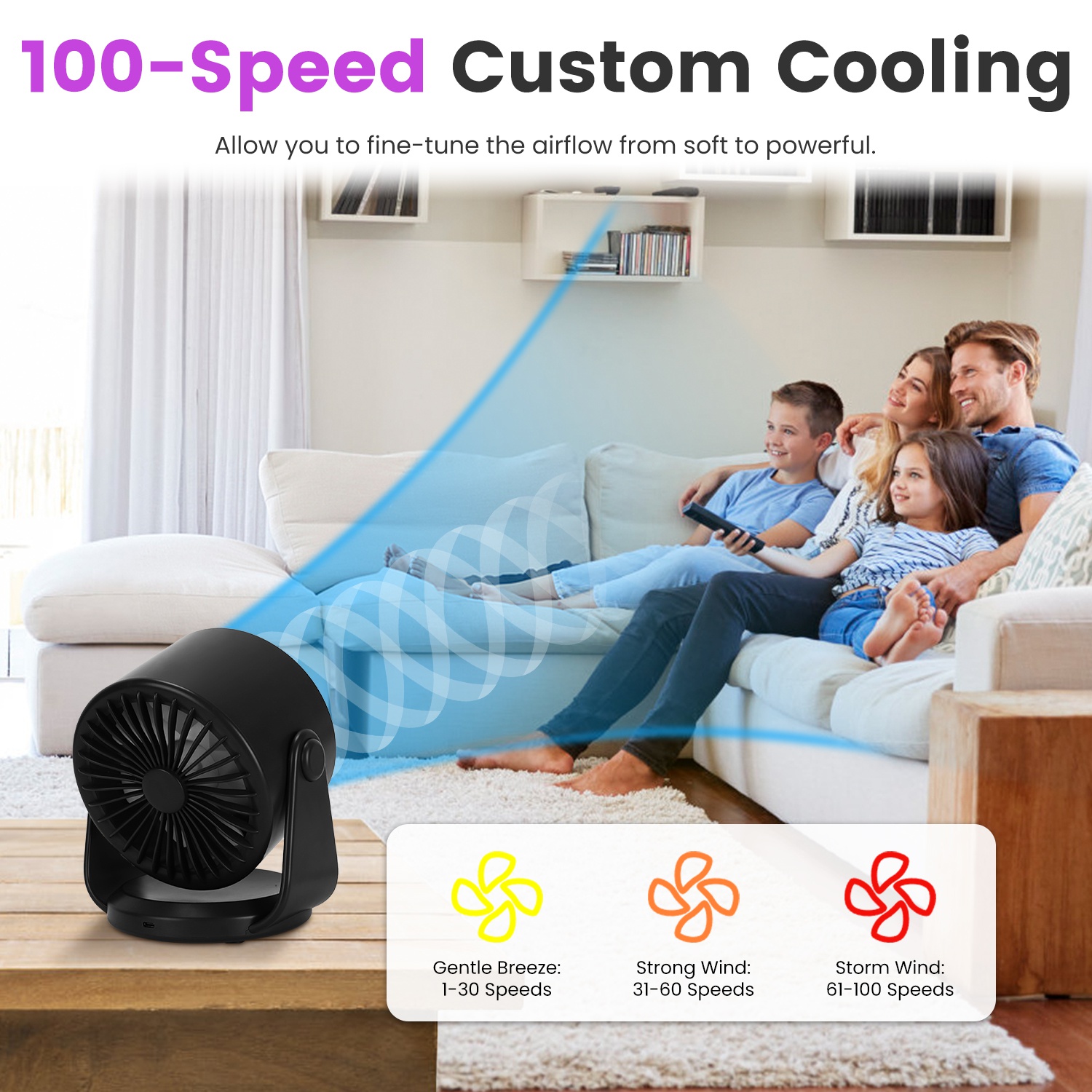 Portable USB Table Fan 100 Speed Settings Real-Time LCD Display Battery Indicator, 120 Degree Adjustable Tilt Desktop Wall Mount 4000mAh Wireless Cooling Fan
