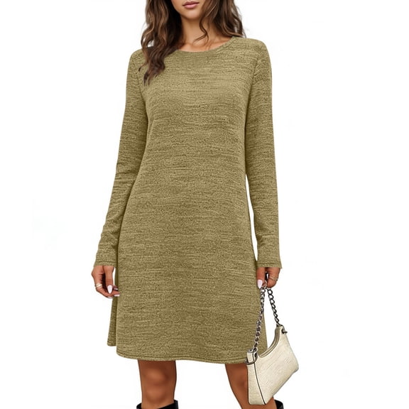 Kukoosong Women's Printed Long Sleeve Crew Neck Loose Fit Comfortable Casual Party Wedding Summer Spring Mid-Length Dresses