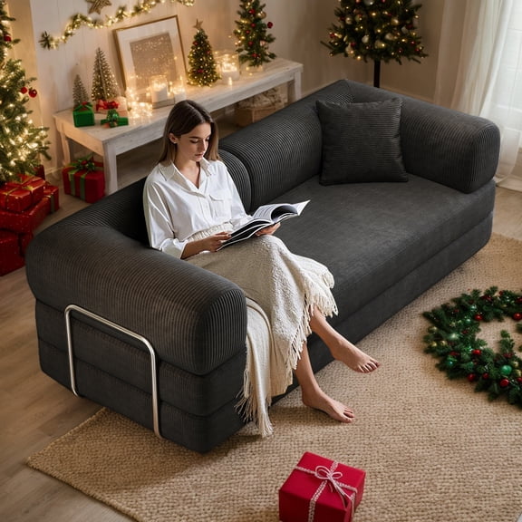Eyisean 78.8" Corduroy Convertible Sofa Bed with Stainless Fixed-Shape Frame, 4-in-1 Boneless Loveseat with Pull-Out Bed, Lounge Futon Sofa Couch Floor Mattress for Living Room, No Assembly Required