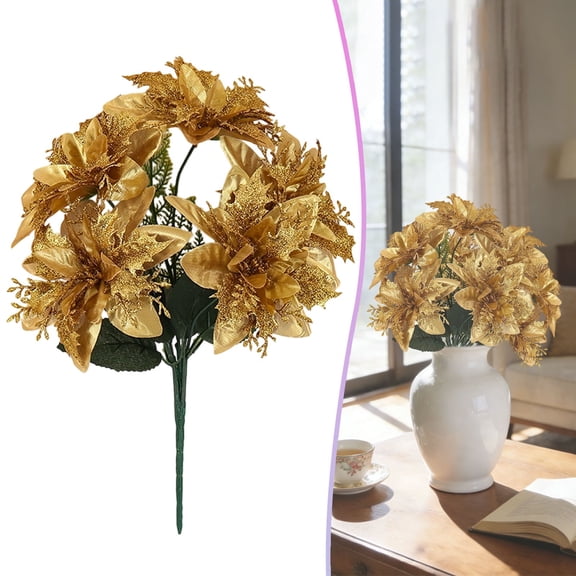 EZPXFCI Artificial Poinsettia Flowers, 15.7'' 5 Heads Silk Poinsettias Artificial Bushes Christmas Flowers Floral Bouquet with Stem for Home Wedding Decor (Gold)