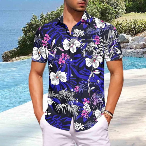 Zylanna Men's Casual Button Down Shirts with Pockets, Short Sleeve Hawaiian Print Collared Breathable Summer Beach Shirts for Men Purple