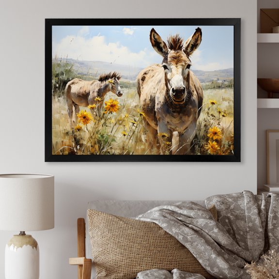 Designart "Donkey Meadow Landscape with Flowers I" Animals Framed Wall Art Decor - Modern Farmhouse Grey Donkey Entryway Framed Wall Art