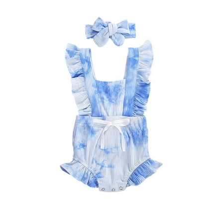 

Baby Girls Clothes Newborn Infant Girls Ruffles Sleeve Tie-Dyes Print Sleeveless Romper Jumpsuits Headband Cotton Outfits