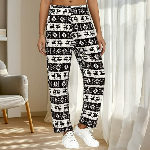 Pantalones de dormir de franela suave con cintura elástica para mujer, con estampado festivo y bolsillos laterales. Pantalones de poliéster para mujer.